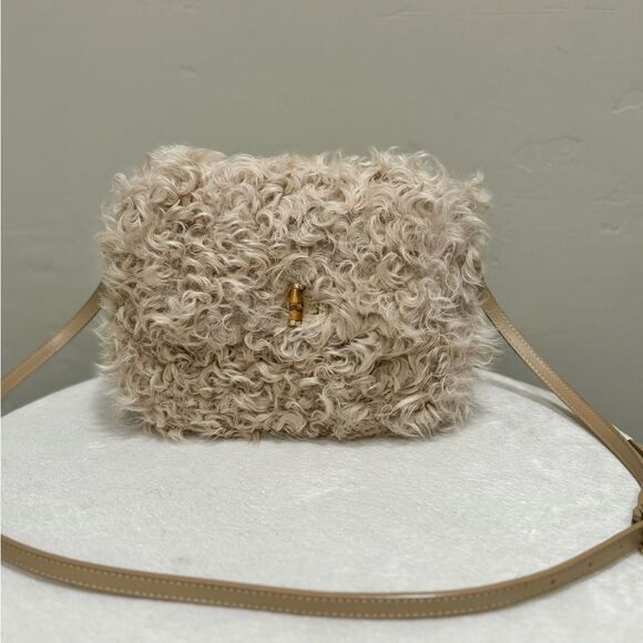 Beige Genuine Curly Shearling Top Handle & Fold Over Flap Purse, Crossbody - Picture 8 of 13